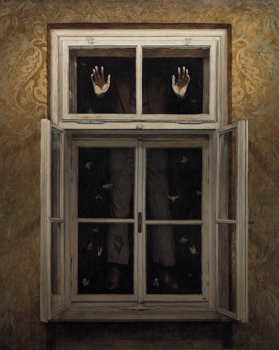 the image shows a man trapped inside a wall, visible only through the panes of a partially opened window. he is dressed in dark clothing, his body obscured by the shadows within the wall.  his pale hands press against the upper windowpane, fingers splayed as if seeking release. the window is old and whitepainted, contrasting sharply with the dark, ornately patterned wallpaper of the surrounding room. the lighting is dim and focused, creating an unsettling and claustrophobic atmosphere.