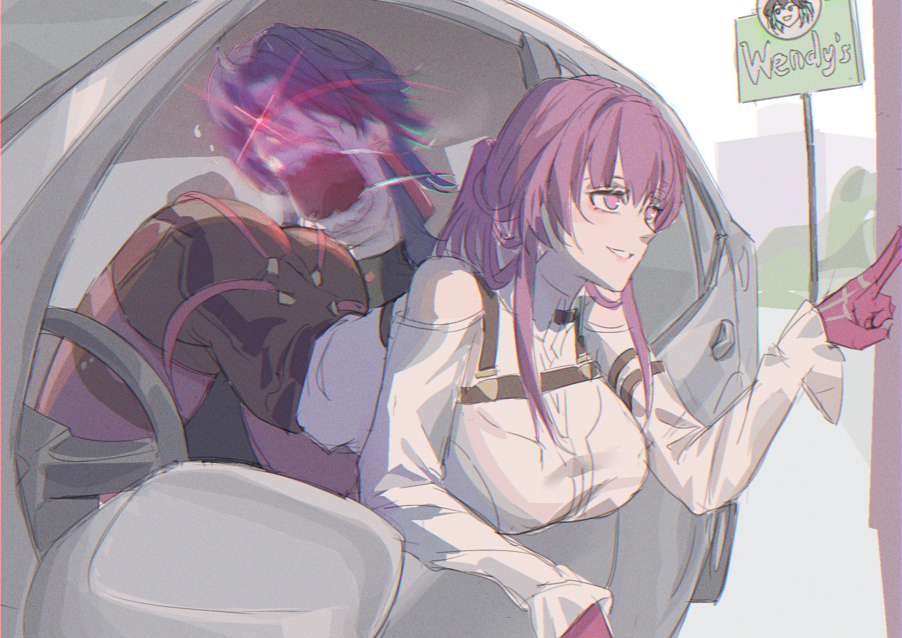 the image is a digital drawing or painting in an anime style. it depicts two anime girls in a car at a wendy's drivethru. one girl is driving and appears to be excited or surprised, while the other girl in the passenger seat is pointing at something and smiling. the art style is soft and colorful, with a focus on the characters' expressions and the overall mood of the scene.  the wendy's sign is clearly visible in the background. the overall style suggests fanart.