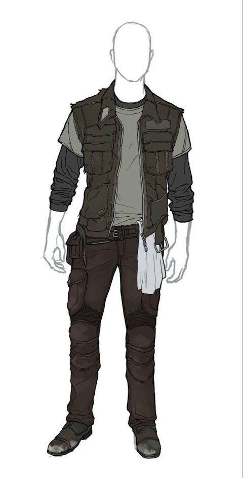 this is a drawing of a man standing in a dark green vest over a grey shirt, dark jeans, and dark boots. he is standing in front of a plain white background and looking ahead.