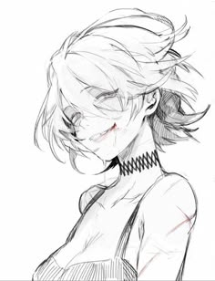 a closeup sketch of a young anime woman with short white hair, she is drawn with a sorrowful expression. her eyes are closed and she has several scratches on her face and neck. the woman is wearing a black choker.