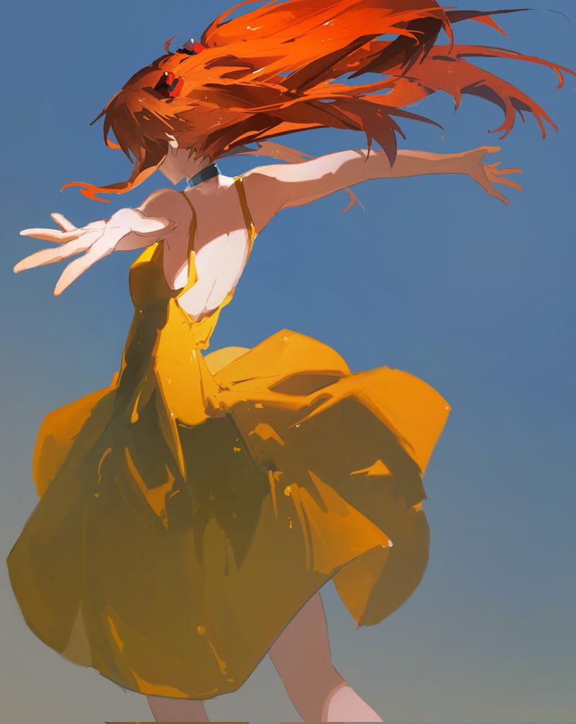the image is a digital painting or illustration of an animestyle girl with long, flowing orange hair.  she's wearing a vibrant yellow sundress and is depicted midspin or twirl, arms outstretched, suggesting a feeling of joy and freedom. the style is loose and painterly, with visible brushstrokes and a focus on capturing movement and light.  the background is a simple, clear blue sky, which contrasts with the bright colors of the girl and her dress. the overall mood is bright, cheerful, and energetic.