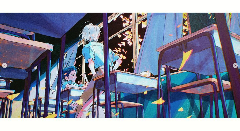 the image is a digital illustration in an anime style. it depicts a scene set inside a classroom at night. the perspective is looking down at the room from the front of the classroom, and the desks are arranged in rows with the chairs flipped up on top of them. the room is brightly lit, casting long shadows, and a couple of students are standing and talking. the girl on the right has her back turned to us while the boy on the left is looking at her. the scene is filled with a sense of nostalgia and memory. the bright colors and whimsical details create a dreamlike atmosphere. the use of light and shadow adds depth and emotion to the image. the image is a beautiful and evocative portrayal of youth, love, and the bittersweet nature of time.