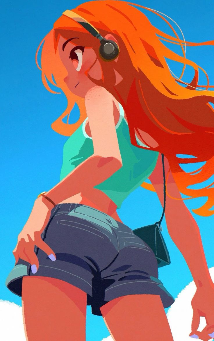 a young anime girl with long, bright orange hair is wearing blue denim shorts and a turquoise tank top. she's smiling brightly and looking down at something out of frame. she has on headphones and is holding her purse. the sky is a bright blue and there is some white fluffy clouds in the background. the overall style is casual and summery.