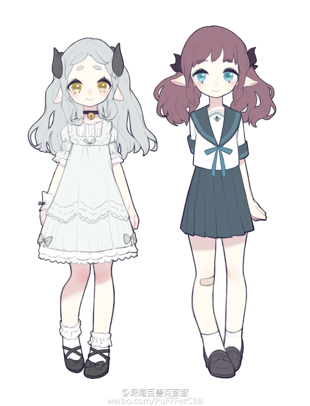 the image showcases two adorable animestyle characters against a plain white backdrop. the girl on the left, with her silver hair and delicate horns, exudes an ethereal charm in her flowing white lolita dress. on the right, the other girl sports a classic blue sailor uniform, her vibrant purple hair contrasting beautifully. both characters possess captivatingly large eyes, radiating an aura of cuteness. the overall aesthetic leans towards a soft, pastel palette, further emphasizing their endearing qualities.
