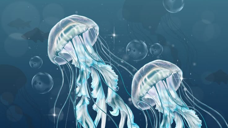 the image shows two jellyfish floating in an underwater scene. there are also bubbles and silhouettes of fish in the background. the jellyfish have a transparent, bellshaped body with flowing tentacles and a soft blue hue. the overall color palette is blue and white with shimmering light effects, giving a magical, underwater feel.