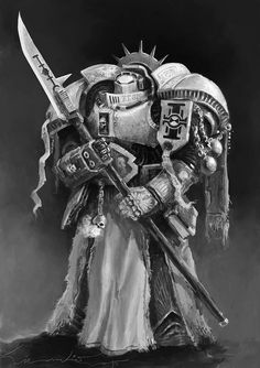 a grayscale drawing of a lone space marine standing with a spearlike weapon. he's wearing ornate power armor and has a cloth garment hanging from his waist. the background is dark and adds to the ominous atmosphere.