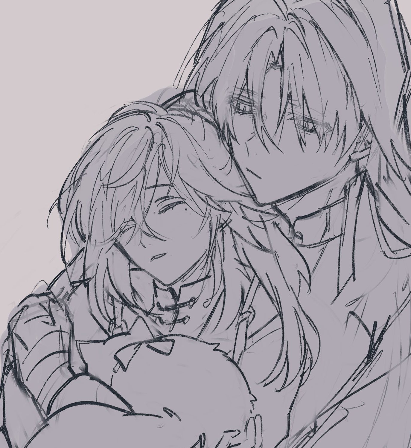 a black and white sketch of an anime couple. the girl is crying and is being comforted by the boy who is hugging her from behind. they are both wearing traditional chinese clothing. the sketch is done in a simple line art style and the characters are drawn in a soft and gentle way.