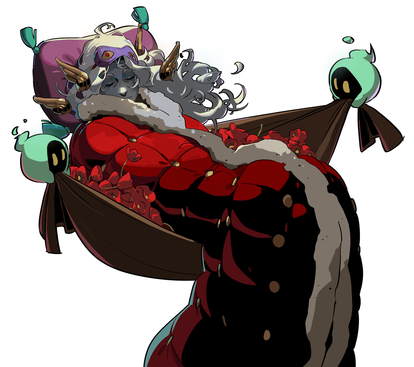 a character with horns and wings is sleeping in a hammock. the hammock is made of a brown material and has a red and white lining. the character has long, white hair and is wearing a red and white jacket. there are two small, floating, ghostlike creatures nearby. the character has their eyes closed, suggesting they are asleep. the image is in a cartoonlike art style.