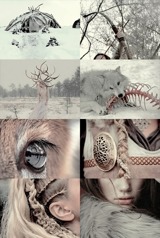 the image is a collage of eight separate images, each depicting elements suggestive of a wintry, mythical, or fantasy setting. they include a snowcovered hut, a person with a bow and arrow in a wintry forest, a woman in a white dress wearing large antlers, a white wolf eating bones, a closeup of an animal eye, a brooch on a garment with braids, a closeup of a braided hairstyle near an ear, and a portrait of a woman with fur around her shoulders. the overall aesthetic is pale and muted, creating a cohesive mood.