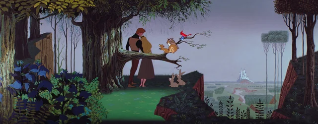 a man and a woman stand on a mosscovered tree branch that extends over a cliff. they are surrounded by woodland creatures including birds, squirrels, and rabbits. the woman is holding a small owl. the couple is looking out at a  castle in the distance, which sits beside a winding river. the overall palette is muted and greentoned, creating a soft and romantic atmosphere.
