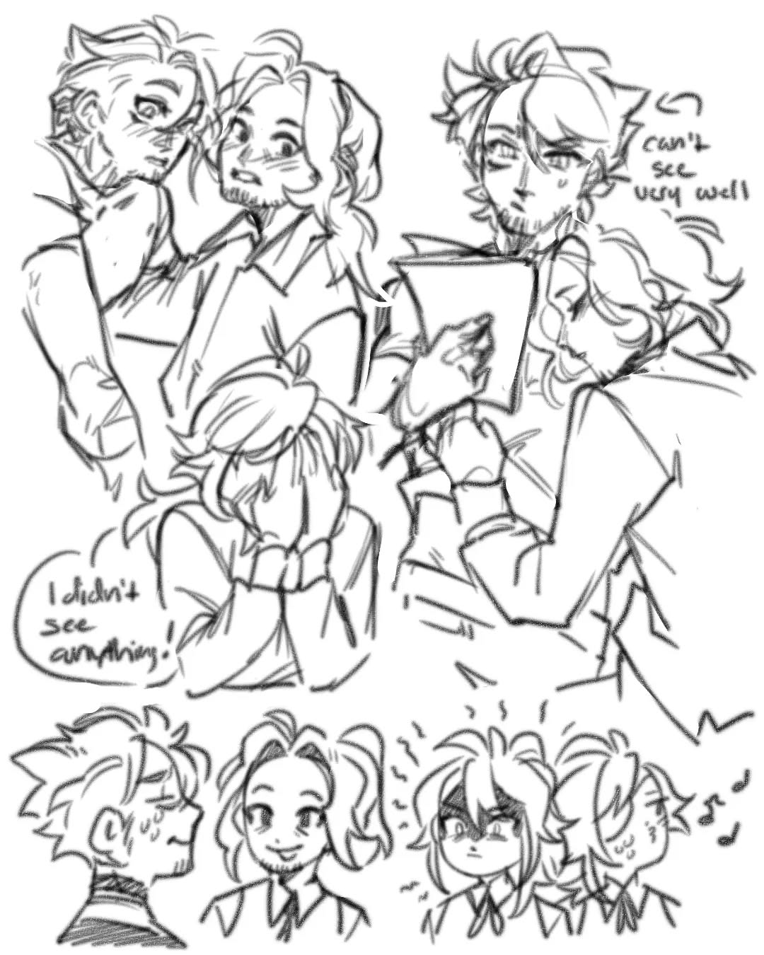 the image contains a collection of sketches depicting various characters, primarily young men, in different poses and situations.  the style is loose and expressive, typical of quick sketches or doodles.  several characters are shown interacting; some are hugging or embracing, while others appear shy or hiding their faces. the sketches vary in detail, with some being more fully rendered than others.  the overall mood is lighthearted and playful.  the art style is reminiscent of manga or anime, characterized by expressive eyes and dynamic poses. there are speech bubbles indicating dialogue or thoughts.
