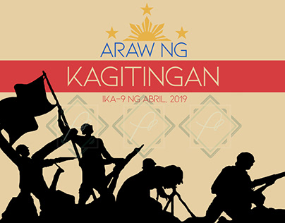 the image is a poster commemorating araw ng kagitingan (day of valor) in the philippines, observed on april 9th. it features silhouetted figures of soldiers engaged in battle, some carrying a flag and others holding weapons, set against a backdrop of a beige sky with three stars and a sun. the poster's inscription "araw ng kagitingan" is prominently displayed, along with the dates "ika9 ng abril, 2019". the scene evokes a sense of courage, sacrifice, and the remembrance of historical events.