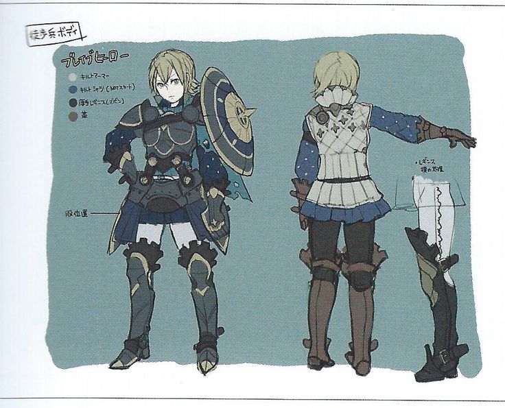 this image shows a detailed character design concept for a female knight character, possibly from the fire emblem series. the design includes front and back views, alongside color palettes and annotations describing the costume components in japanese. the knight is depicted wearing a stylized suit of armor, a shield, and a blue and white outfit.  the artwork is detailed and professional, suggesting it is likely preliminary concept art for a video game.