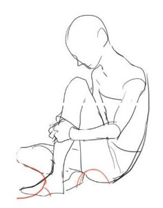 a line drawing of a woman sitting with her head bowed, the drawing is in the style of an anatomy sketch, there are no features on the face.