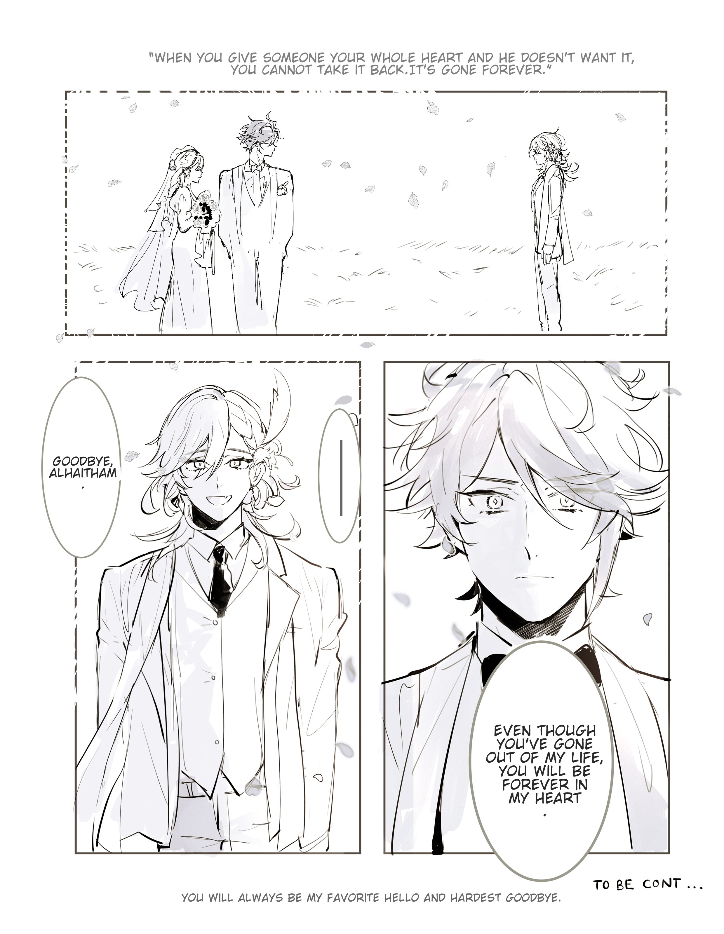 the image is a mangastyle illustration depicting the emotional scene of a farewell. it features two men in suits, one is standing with a sorrowful expression. above them, a flashback shows a wedding scene where the man is giving away his bride. the text expresses feelings of grief and the lasting impact of heartbreak.  the words "goodbye" and "forever" emphasize the finality of the separation.  the image evokes a sense of loss and the lingering pain of a broken heart.