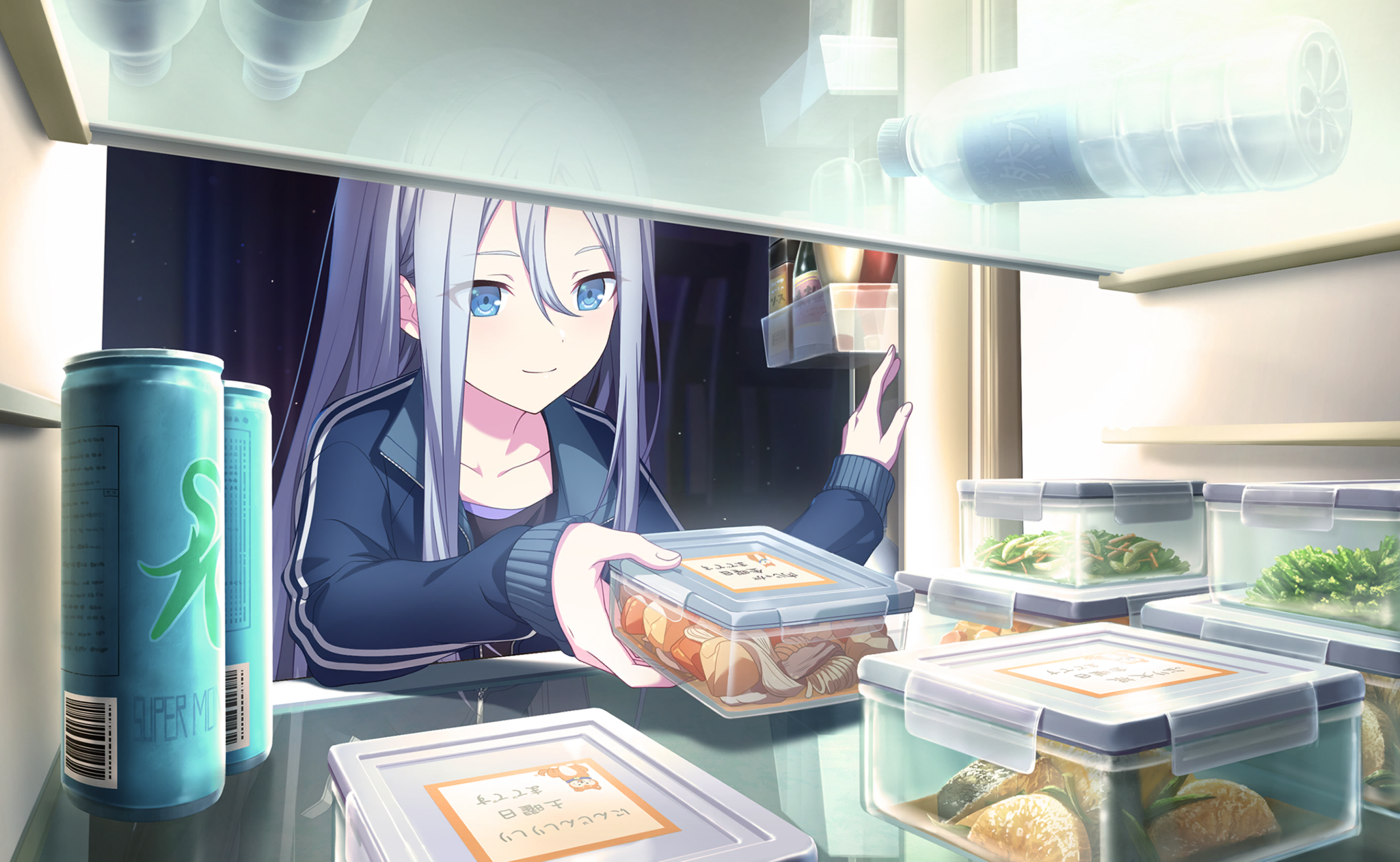 an animestyle image shows a girl with silver hair and blue eyes reaching into a refrigerator. inside the refrigerator are several transparent food containers filled with prepared meals, cans of drinks, and a water bottle. the overall scene depicts a wellstocked refrigerator with organized, premade meals.