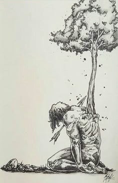 a pencil drawing of a man sitting on the ground with a tree growing out of his chest, the tree reaching up to the sky. the man's expression is pained and sorrowful, suggesting that the tree is a symbol of grief or pain. the drawing is detailed and expressive, with a focus on the man's body and the texture of the tree. the background is simple, allowing the focus to remain on the central figures.