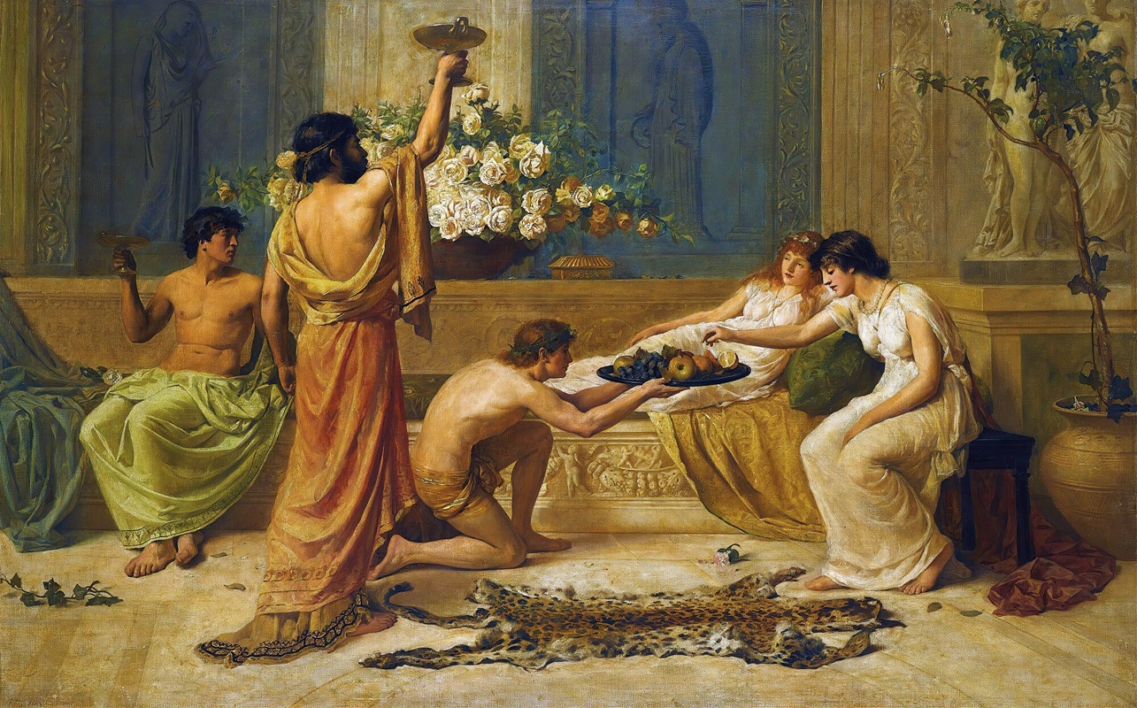 a classical painting depicts a scene of leisure and ceremony. several figures are present: two men are seated to the left, one holding a cup aloft, and another kneeling presenting a tray of fruit to two women reclining on a draped chaise lounge. all figures are draped in togas or robes, suggesting an ancient greek or roman setting. a leopard skin is laid on the floor. columns and statues adorn the background, along with a large vase of flowers.