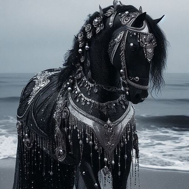 a black horse stands on a beach, facing right, heavily adorned with ornate jewelry. the horse has an elaborate headpiece, a decorative collar, and what appears to be a jeweled covering draped over its body. the background features the ocean with gentle waves. the overall image has a fantasy and regal feel.