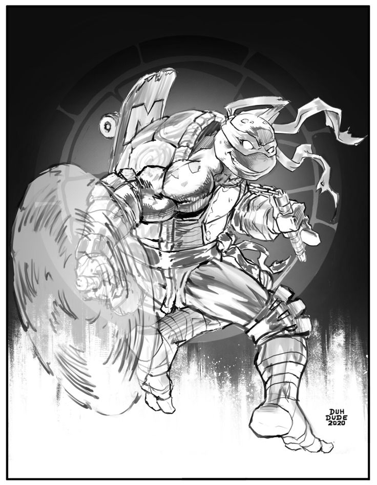a black and white drawing of  michelangelo a ninja turtle in action, he is holding a skateboard as his weapon.  he is wearing a  mask and a turtle shell, with his arms and legs out ready to fight. he is  wearing a  ninja bandana. he is standing in the middle of a circular frame. there is a signature "duh dude 2020" in the lower right corner.