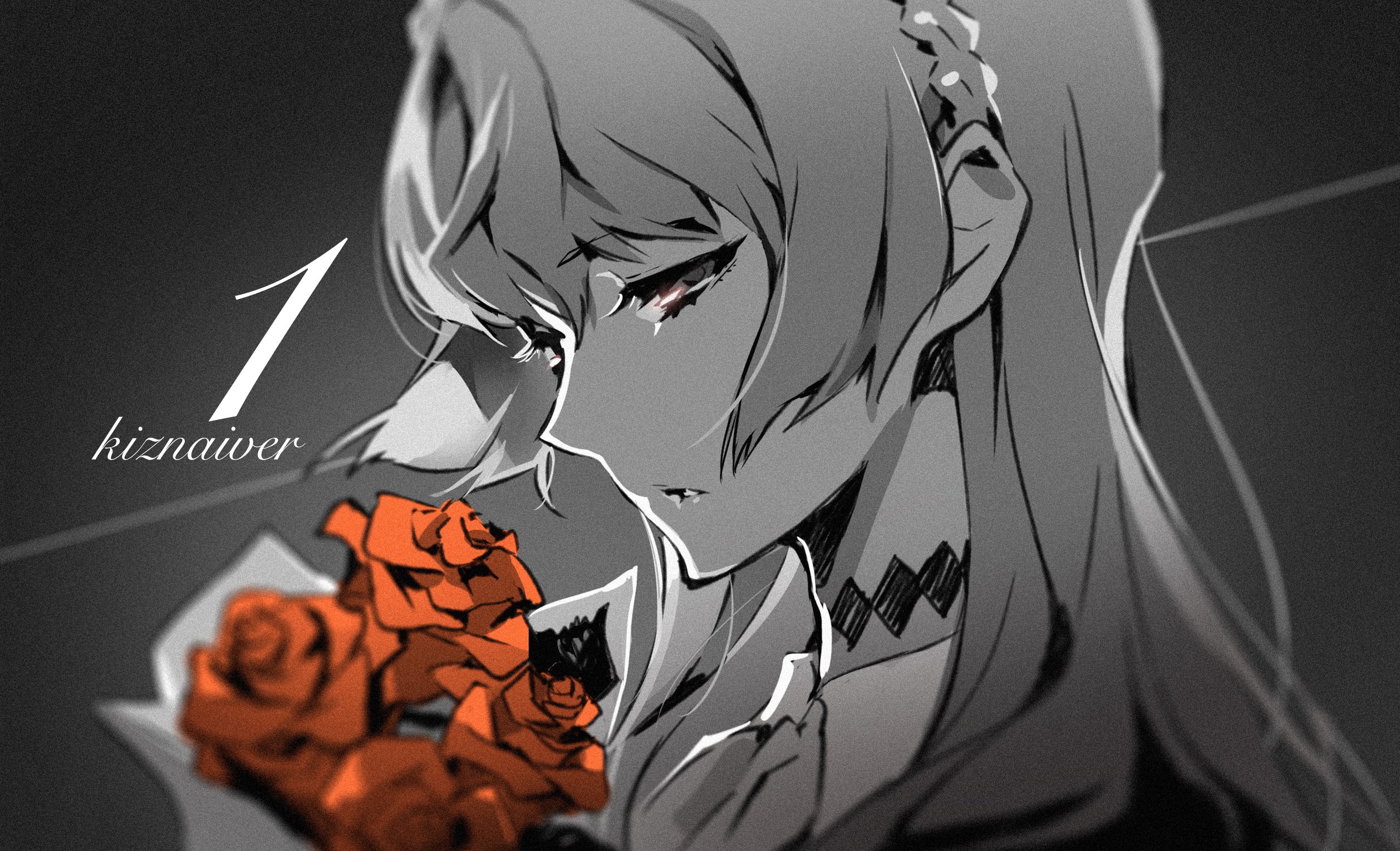 the image depicts a young woman with long hair, rendered in a stylized, animeesque art style. she is holding a bouquet of three vibrant orange roses, the only source of bright color against a predominantly grayscale background. her head is bowed, and a single tear tracks down her cheek, suggesting a state of sadness or grief. the use of light and shadow emphasizes the contours of her face, drawing attention to her sorrowful expression.  the overall mood of the piece is melancholic and introspective.