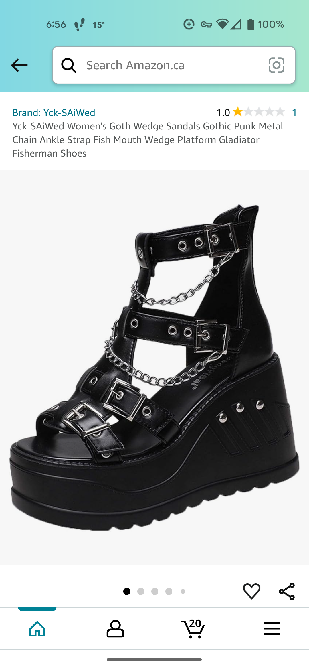 this is a product image of a pair of women's black goth wedge sandals. the sandals feature a platform sole, a fish mouth design, and a chain ankle strap. they are made of metal and are described as gothic punk style. the product is being sold on amazon.ca.