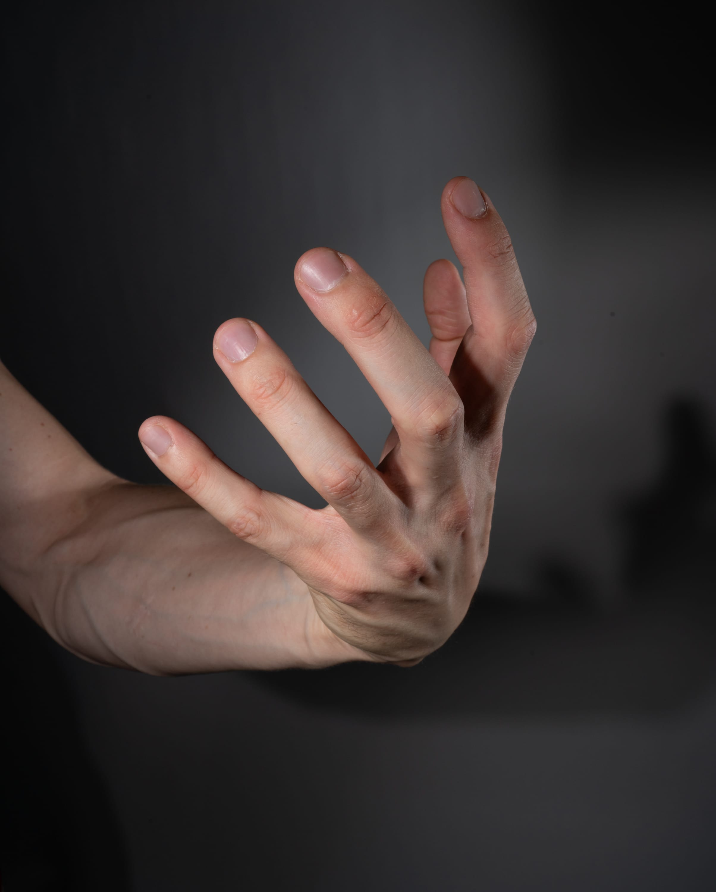 a closeup view of a right hand extending forward against a gray background. the hand is open with fingers spread, illuminated by soft light that creates a subtle shadow.