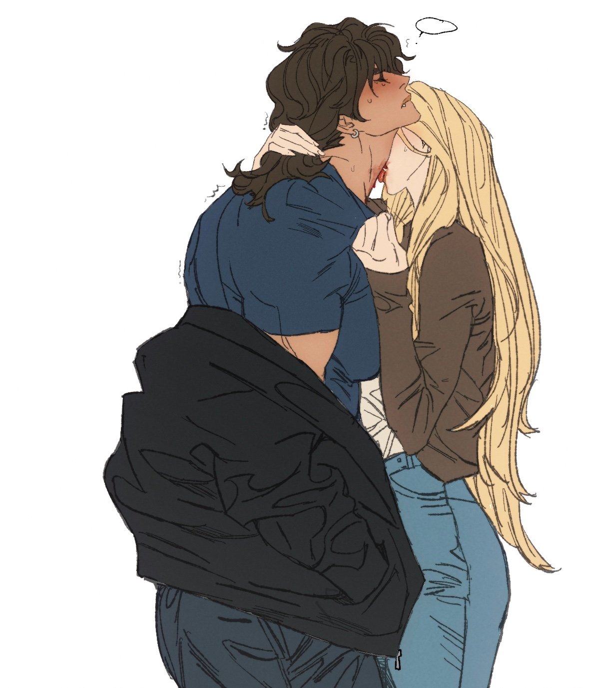 the image is a romantic illustration depicting a tender moment between a couple. the man, with darker skin and curly brown hair, is being gently bitten on the neck by a woman with long blonde hair. there is a speech bubble above the man's head, suggesting he is thinking or saying something. a black jacket is draped over the man's shoulder. the two individuals are in an embrace, with the woman's arm around the man and his hand on her back. the scene conveys intimacy and affection.