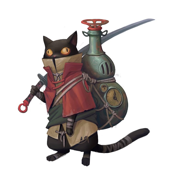 a digital art image of a black cartoon cat warrior. the cat stands upright. it is wearing a red cloak, and a beige shirt with some green underneath. a sword is held in the cat's left hand, with the tip pointing to the upper right corner of the image. the cat carries a steampunk style pack on its back that is held by rope. there is a clock on the lower part of the pack, and a bottle with a red valve on top.