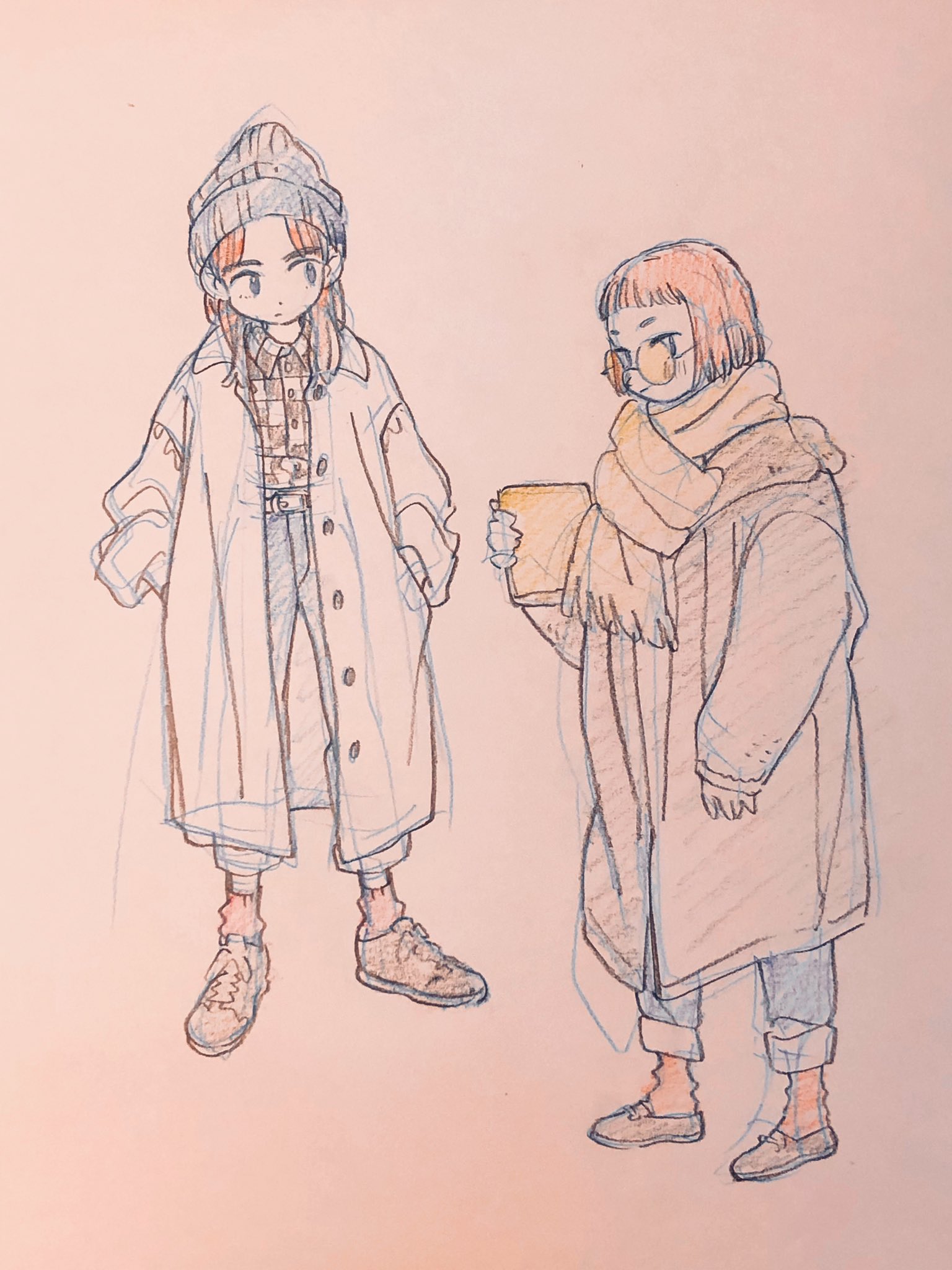 this is a charming, somewhat sketchy fashion illustration featuring two women dressed in stylish winter outfits. the woman on the left sports a long blue coat, a beanie over her long hair, a collared shirt, and sneakers.  the woman on the right is drawn with a bob haircut and round glasses. she's wearing a warm brown coat with a fluffy collar, a scarf, rolledup jeans, and sneakers. she's holding a yellow folder or book. the drawing has a gentle, loose quality, emphasizing the comfy and casual feel of the outfits. the soft, warm light contributes to the inviting and cozy atmosphere.