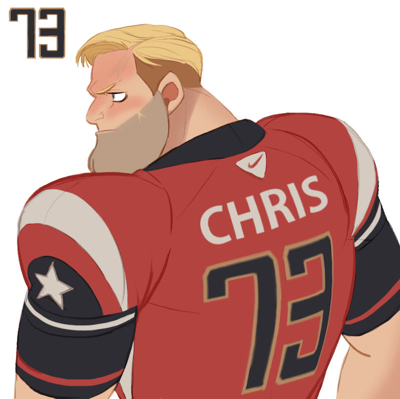 the illustration features the back of a muscular, blond male character wearing a red and white football jersey with the number 73 and the name "chris" on it. he is stylized and drawn in a semirealistic style. the background is a plain white.