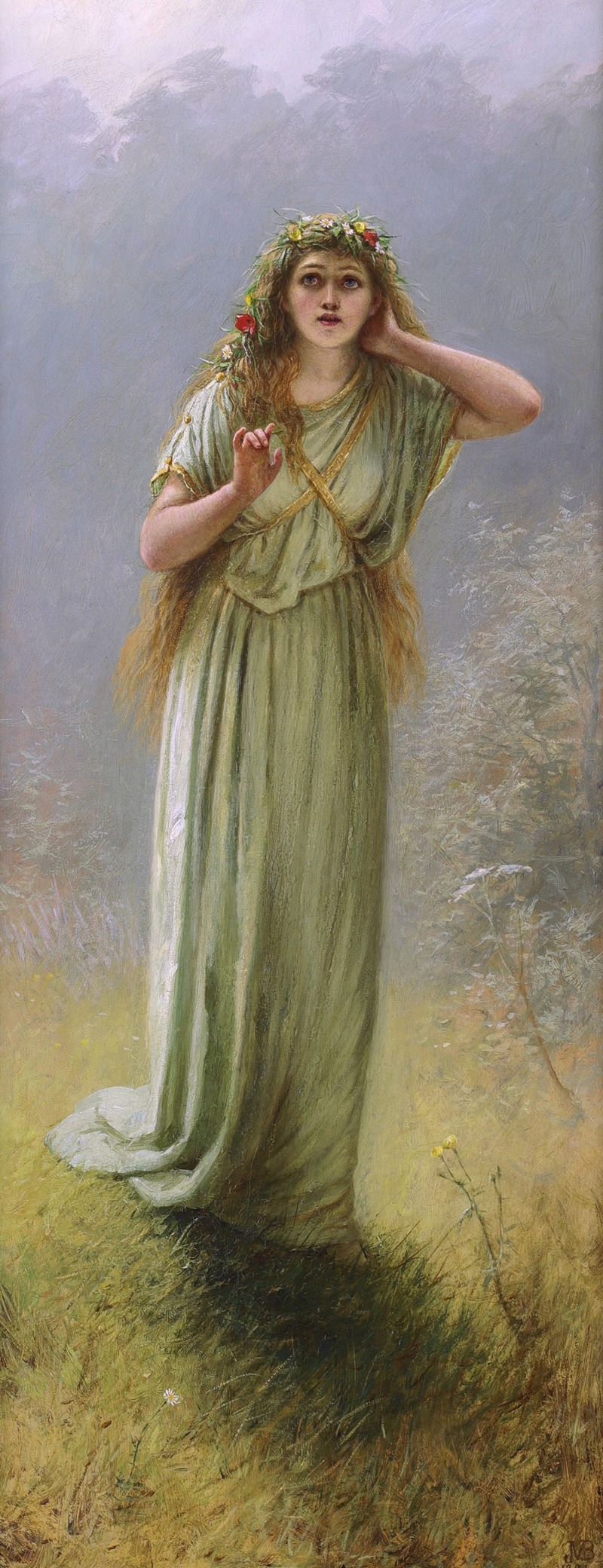 a painting depicts a woman with long, flowing hair and a floral crown, wearing a light green dress, standing in a field with grass and greenery. she has one hand raised and the other near her ear, as if listening. the background features trees and a hazy sky. the artwork is in a traditional style, possibly preraphaelite.