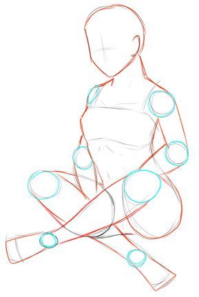 this image is a digital sketch of a female anime figure sitting with her legs crossed. the outline of the body is drawn in red, and there are blue circles marking the joints and important points in the body. the background is white.