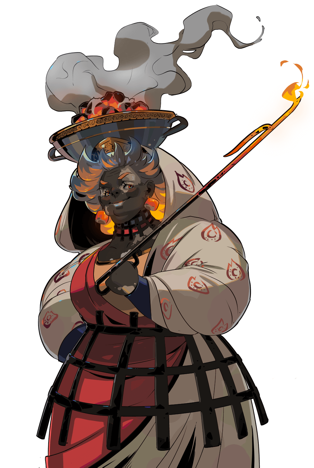a woman with blue hair and a large pot on her head stands facing the viewer. she is wearing a white and red robe and is holding a large iron stick with a hot end. she is surrounded by smoke and fire, and there are flames coming from the end of the iron stick. her expression is serious and she appears to be in control of the situation. she is wearing gold jewelry and a red necklace.