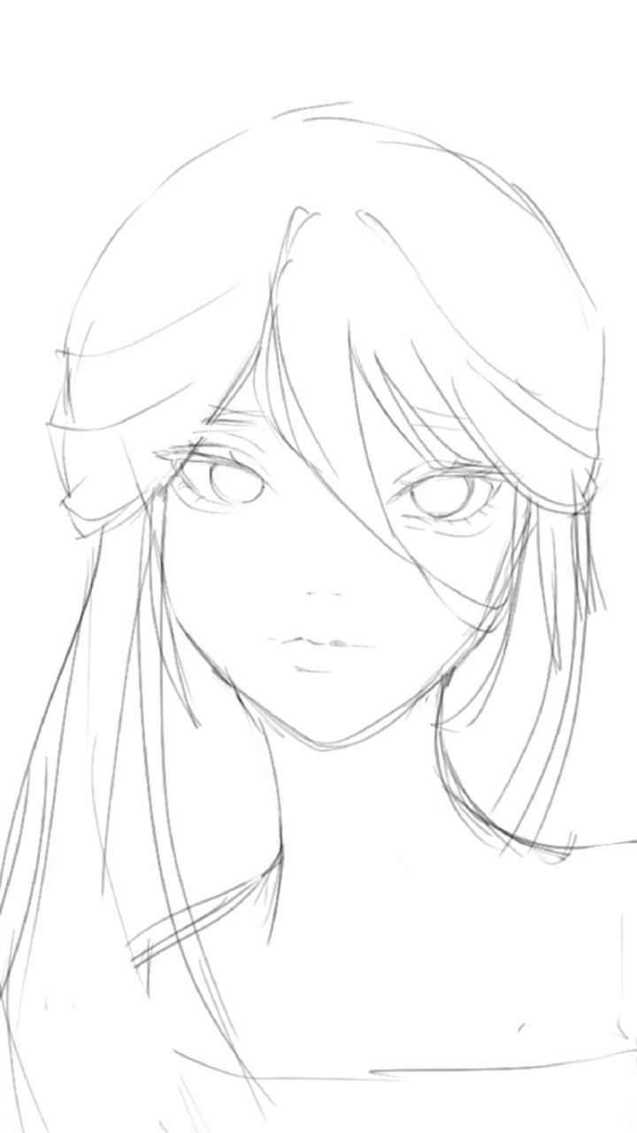 a simple line sketch of a young animestyle girl with long hair. the drawing focuses on the face and upper body, and uses light, delicate lines to create a serene and elegant effect.  the style is reminiscent of a preliminary sketch or concept art.
