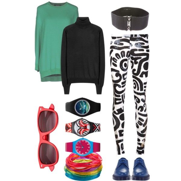 the image shows a collage of fashion items. there is a light green sweater and a black turtleneck sweater. there are high waisted leggings with a black and white graphic pattern. three swatch watches are stacked atop a pile of rainbow bracelets. a pair of coral sunglasses sit beside them. above the leggings is a wide black belt. at the bottom of the frame is a pair of blue oxford shoes.