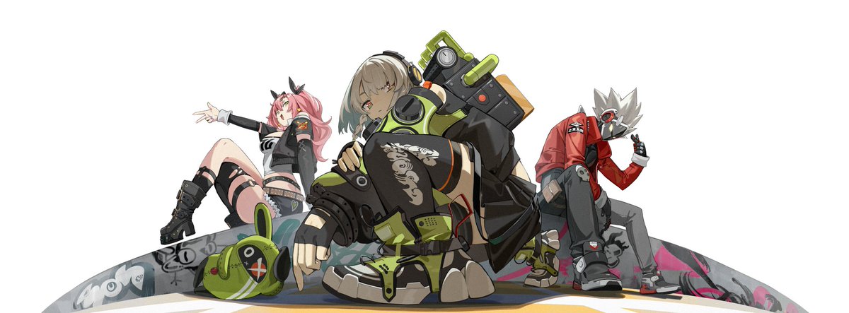 the image showcases three stylized characters, likely from a video game, posed against a white background with a graffitiinspired platform beneath them.  their attire leans into cyberpunk and streetwear aesthetics with bold colors, headphones, and unique accessories, including a robot bunny.  the soft lighting enhances the vibrant colors and emphasizes the characters' dynamic poses. the low angle perspective adds to the sense of coolness and attitude.