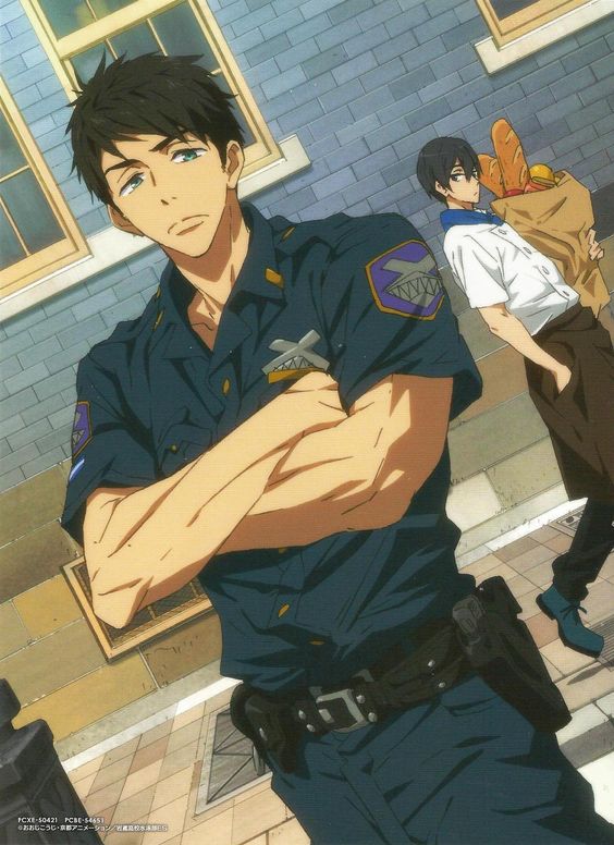 the image shows two animestyle men on a city sidewalk. the man in the foreground is a police officer with dark hair and blue eyes. he wears a dark blue uniform with a badge and a utility belt. he is muscular and has his arms crossed, conveying a serious and confident demeanor. the background features another man with dark hair carrying groceries, including baguettes, and a partially obscured building. the color scheme primarily consists of blues and grays, reflecting the urban setting and the police officer's uniform.