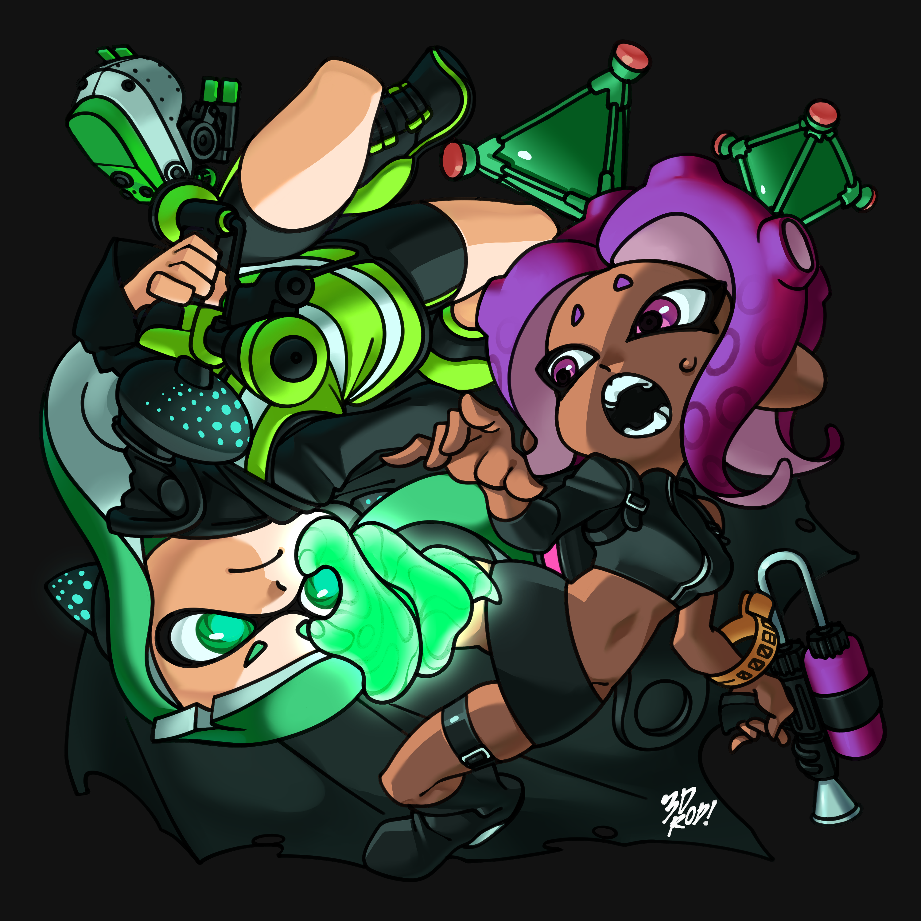 a digital illustration of two female inklings from the splatoon series. callie is on the left, she is wearing a green outfit and has a weapon in her hand. marie is on the right, she is wearing a purple outfit and is holding a weapon.