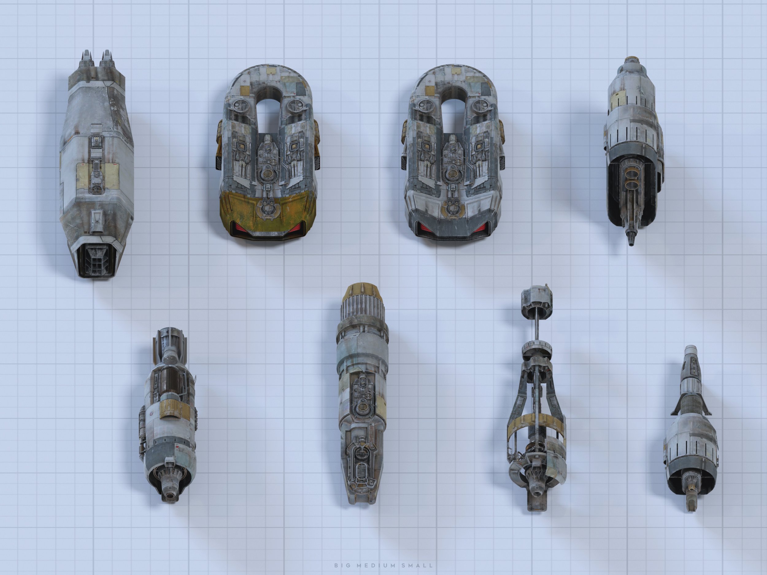 the image presents a topdown view of eight different spacecraft models, arranged on a gridded background. they vary in size, indicated by the caption "big medium small", implying a size progression. each spacecraft has a distinct design, exhibiting a mix of weathered grey and yellow tones, suggesting age and use.  the models are highly detailed and appear to be 3d renders, showcasing different designs of what could be spacecraft components or perhaps even entire small vehicles. the gridded background enhances the technical and designfocused aspect of the image.