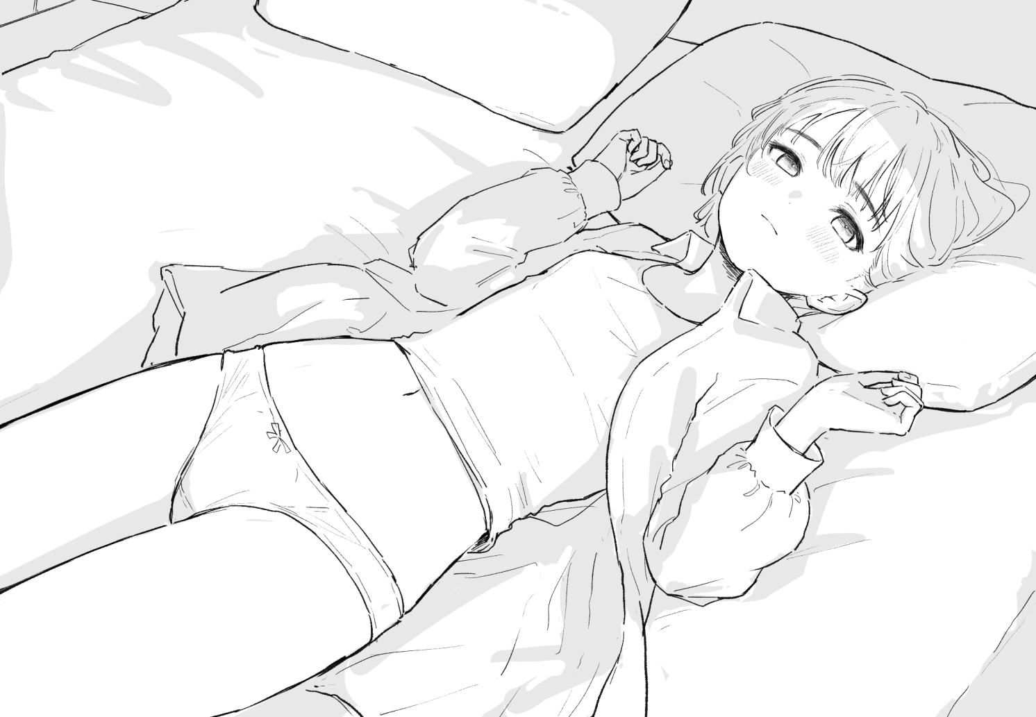 a grayscale sketch of an animestyle young girl lying comfortably in bed. she's wearing simple underwear and a loose shirt, and appears relaxed and peaceful.  the drawing is in a loose, sketchy style, focusing more on capturing the mood and pose than precise detail.  she is lying on her side with her arms resting at her sides and her head on a pillow. the bed is slightly unmade.