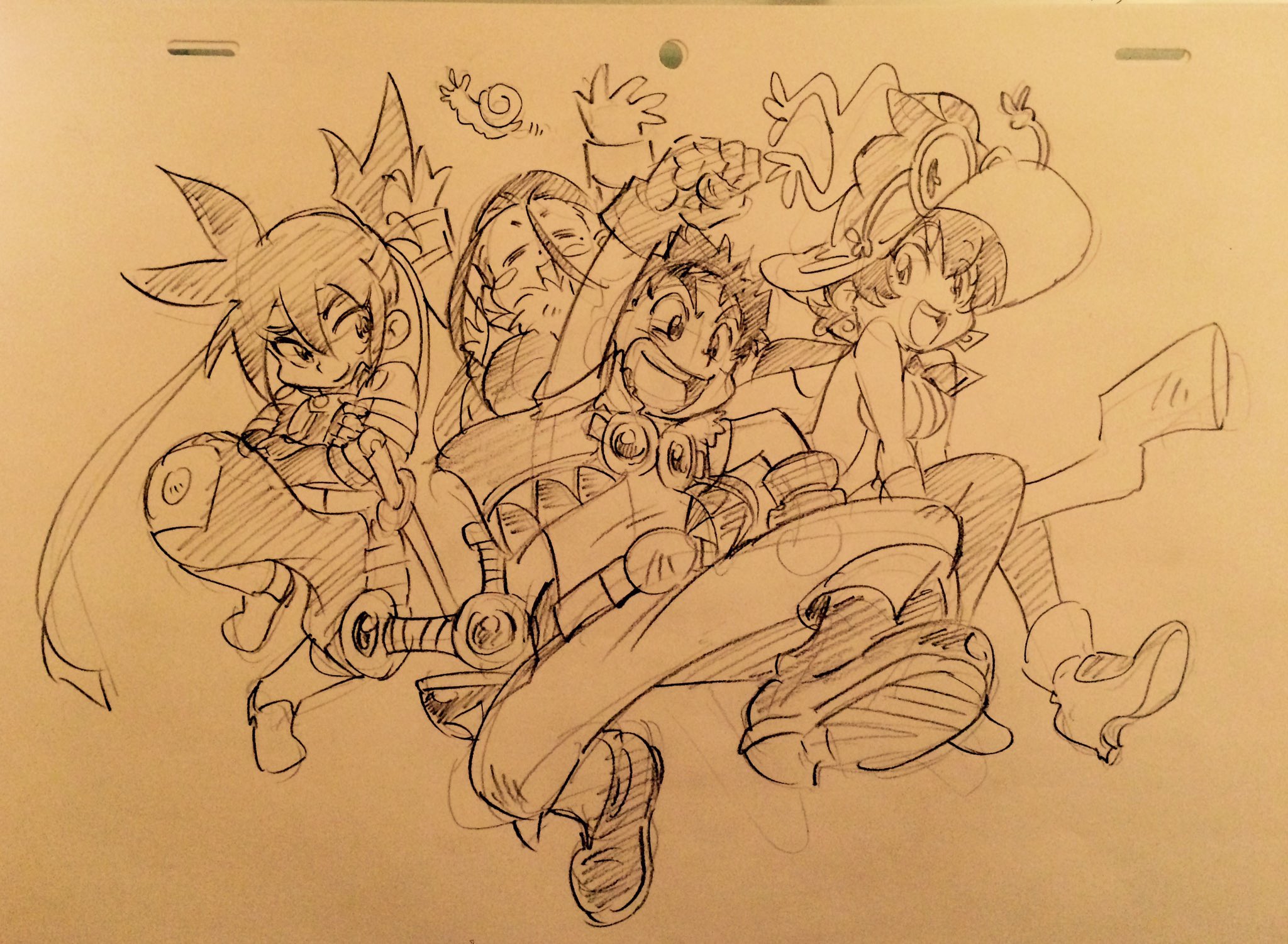 a dynamic pencil sketch of five anime characters in a celebratory pose. the characters are drawn in a lively and energetic style, suggesting movement and excitement. the composition is centered around a male character with spiky hair and a large grin, surrounded by his equally cheerful comrades. the use of pencil shading adds depth and texture to the drawing, highlighting the characters' expressions and the folds in their clothing. the overall impression is one of joy, camaraderie, and the thrill of victory.