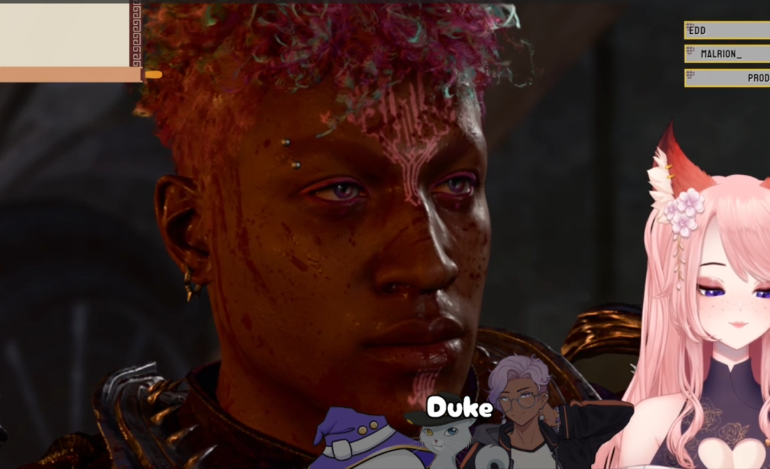 the image appears to be a screenshot from a video game, likely an mmorpg. it shows a closeup of a male character with elaborate pink and teal hair and glowing purple eyes. he has dark skin and markings on his face.  surrounding him are smaller images of other characters, likely players in the game. the overall aesthetic is dark fantasy with anime influences.