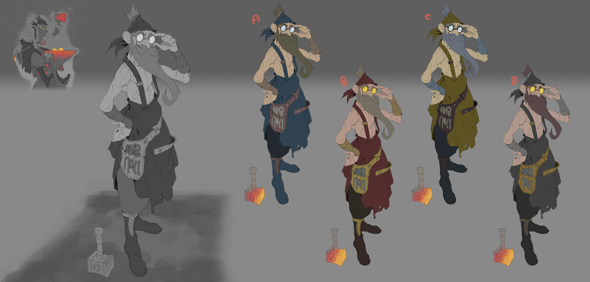 the image displays a character design process for a fantasy dwarf blacksmith.  it begins with a grayscale sketch (a) of the character holding a hammer, followed by an anvil and dwarf in a smaller sketch to the left.  then it presents four color variations (b, c, d, e) of the dwarf blacksmith character, each with a different color scheme for his apron and clothing, while maintaining similar poses and features. each color version is accompanied by a small illustration of a hammer next to them. the overall style is cartoonish and slightly rough, suggestive of earlystage concept art for a video game or similar project.