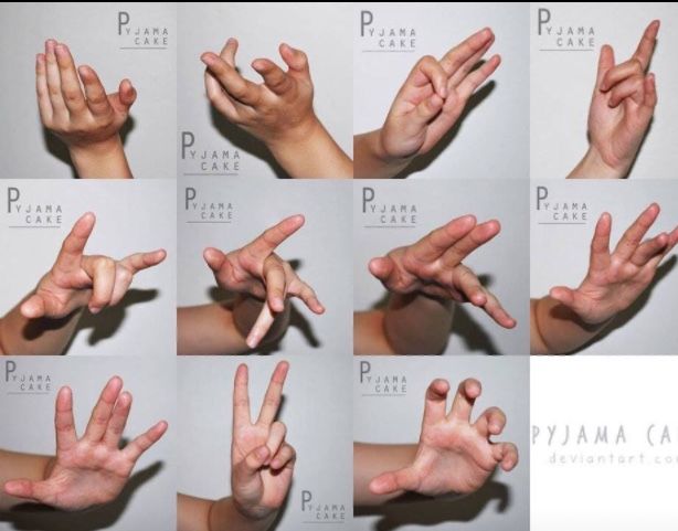 the image shows a variety of hand poses, each with a unique gesture. the hands are photographed against a plain background, making it easy to see the detail of the form and structure of the hands. this image would be useful for artists who are looking for reference material for their drawings or paintings.