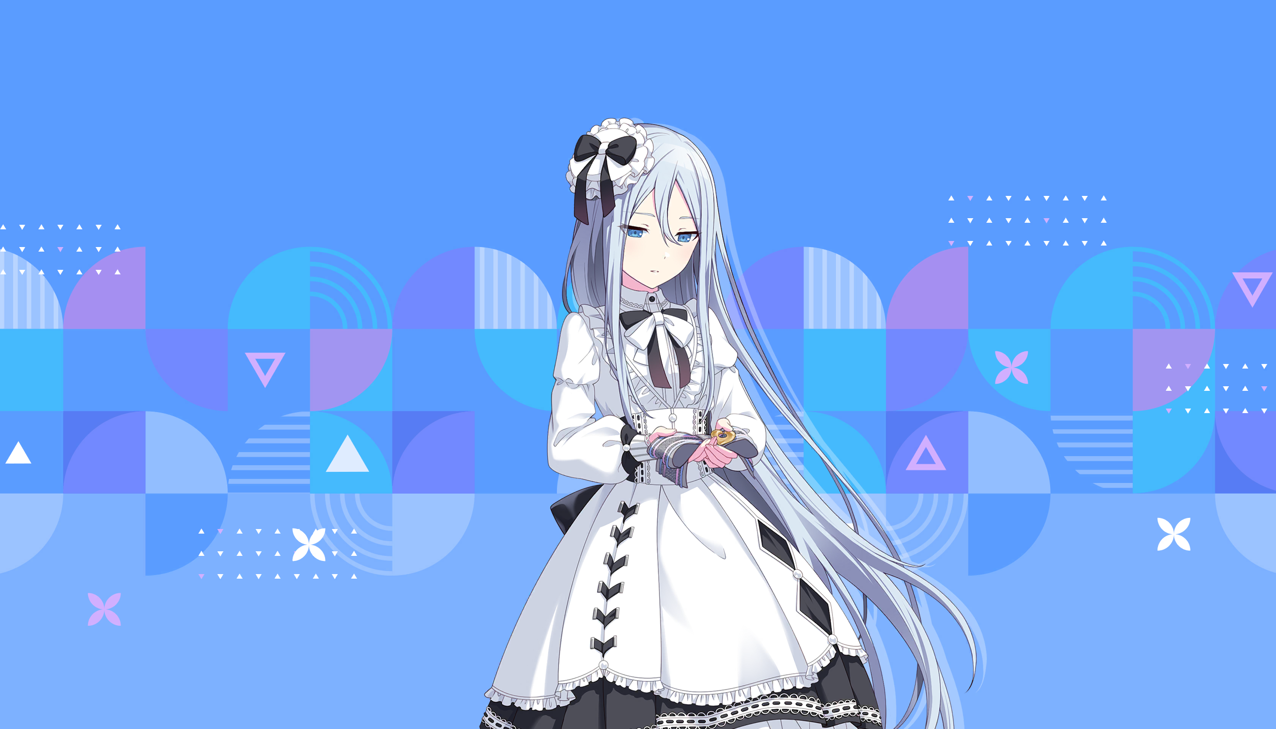 a digital illustration depicts an anime girl with long, flowing white hair and blue eyes. she wears a white dress adorned with black accents, including a large bow at the neckline and details along the hem. her attire suggests a formal or gothic lolita style. she holds something in her hands, which appears to be a black and white object with a gold embellishment. the background is a geometric pattern of light blue, purple, and white shapes, including triangles, circles, and squares, creating a modern and stylized backdrop.