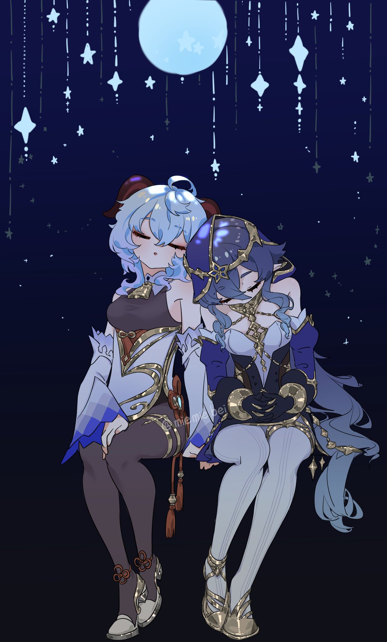 the image is a digital illustration depicting two anime girls sleeping together under a starry sky with a bright moon in the background. the girl on the left has long blue hair and is wearing a white dress with gold accents. she is sleeping with her head on the other girl's shoulder. the girl on the right also has long blue hair and is wearing a blue dress with gold accents. she is sleeping with her head on the other girl's lap. both girls are looking peaceful and comfortable, and the image gives off a sense of love and friendship. the background is a dark blue with white stars
