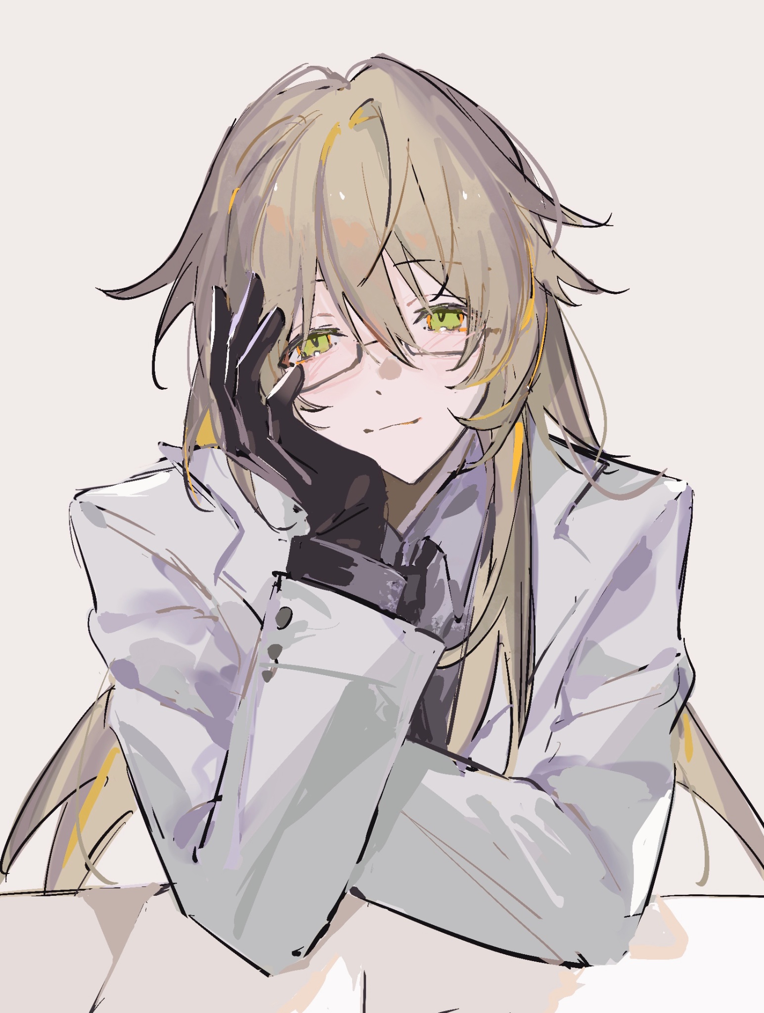a digital illustration of an anime girl with long blonde hair, she is wearing a white jacket and black gloves, and is smiling. she is leaning on her hand and looking down at the viewer. the drawing is done in a soft, pastel style and there is a background of a light white to gray gradient.