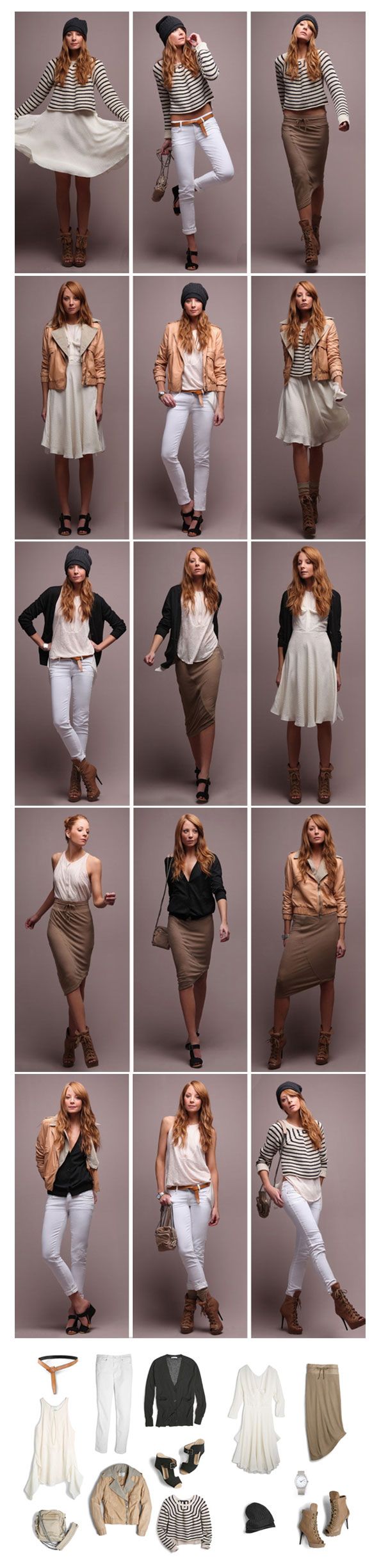 the image shows a collection of various women's fashion outfits. the outfits are comprised of tops, trousers, skirts, dresses, jackets, and accessories. some items are casual wear, while others are more stylish and for dressier occasions. colors include white, beige, and black.