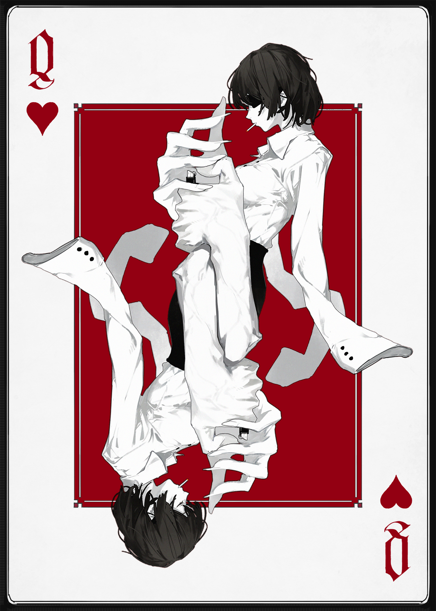 this is an illustration of the queen of hearts playing card. the card features a girl with black hair wearing a white shirt. she is upside down in the image, with her hands outstretched. the background is a solid red. the card is stylized to look like a vintage playing card. it's a spooky and mysterious image, which gives the impression that something is not quite right.